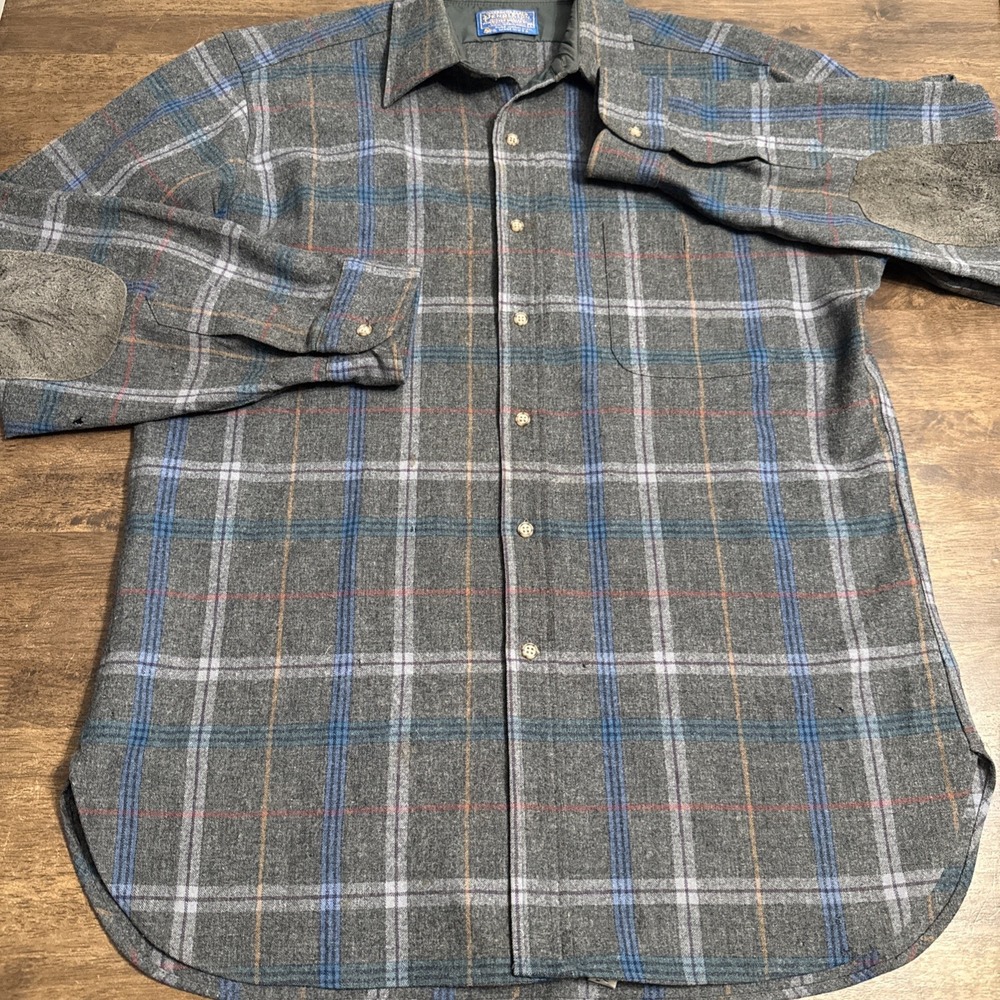 VTG 1970s Pendelton Board Shirt Mens Large Gray Plaid Western Wool 70s *READ*